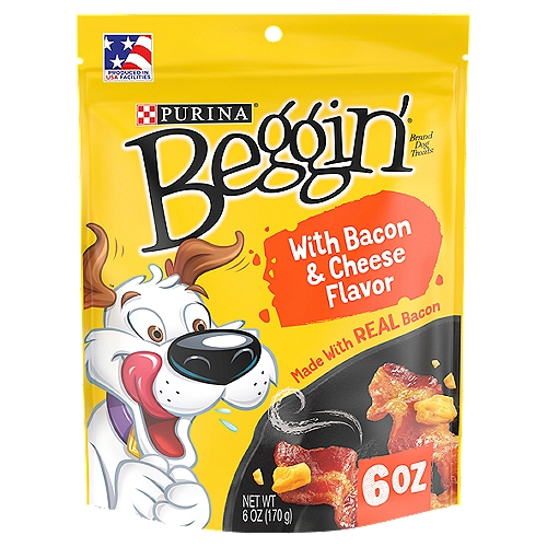 Purina Beggin' Strips Real Meat Dog Training Treats, Bacon & Cheese Flavors - 6 oz. Pouch
Unleash the bacony madness with the flavor of Purina Beggin' Strips With Bacon and Cheese Flavor adult dog treats. Each treat is a meaty, cheesy mouthful of yum that's made with real bacon and the taste of cheese to drive your dog wild with excitement. Real meat is the number 1 ingredient for mouthwatering goodness in every bite. Hand over a whole strip as an irresistible snack between meals, or tear each strip into smaller pieces for a reward so yummy, it's worth behaving for. With the aroma and shape of real bacon, these Beggin' bacon flavor strips with cheese convince dogs they're getting bacon fried up just for them. Plus, unlike some dog chew treats, these soft dog strips have a tender texture that's easy for dogs to scarf down. Because these bacon and cheese flavor snacks for dogs contain no artificial flavors or FDandC colors, your dog gets the bacon taste he loves along with only the real ingredients you want for him. Get a little cheesy with your dog when you offer him one of these delicious Purina Beggin' Strips dog treats.