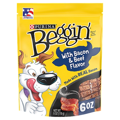 Purina Beggin' Strips Real Meat Dog Treats, Bacon & Beef Flavors - 6 oz. Pouch
Take it from Hamlet, the Beggin' ambassadog — canines are plumb crazy about Purina Beggin' Strips With Bacon and Beef Flavor adult dog treats. Each tender strip features real meat as the number 1 ingredient along with real bacon. This irresistible combo of double-yum is sure to make your dog drool in anticipation when he sees you reach for the pouch. As the tantalizing aroma of bacon wafts through the air when you grab a treat, your canine companion's excitement level goes through the roof. He knows something amazing is coming his way, and his meat-crazed mind has only one goal—bacon! Give your dog a whole Beggin' bacon flavor strip when he welcomes you home at the end of the day, or break each one into smaller strips to reward him for being a good boy during neighborhood walks. Made without artificial flavors or FDandC colors, these Beggin' Strips Bacon and Beef dog treats deliver the big, bold, bacony taste your dog loves while giving you something to feel good about too. Make the special moments you share with your faithful friend twice as fun when you give him one of these Beggin' Strips dog treats with bacon and beef, and show him you're happy when he's happy.
