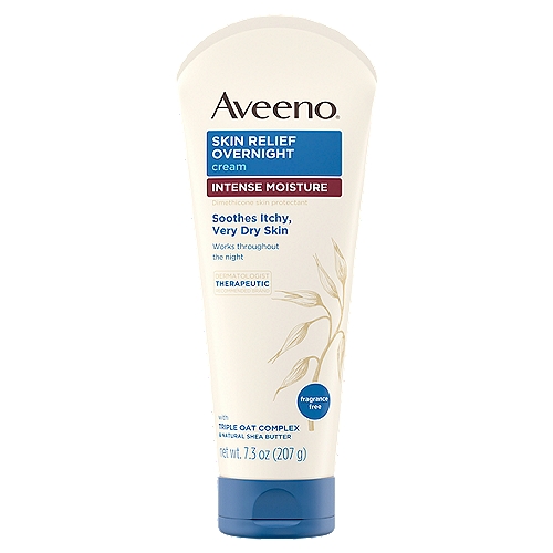 Aveeno Active Naturals Intense Moisture Skin Relief Overnight Cream, 7.3 oz
Dimethicone Skin Protectant

This intensely nourishing, all over body cream with triple oat complex is specially formulated to help soothe nighttime itch associated with dry skin so you can sleep more peacefully and wake up with skin that looks and feels healthier.

Uses
• Helps prevent and temporarily protects chafed, chapped, or cracked skin
• Helps prevent and protect from the drying effects of wind and cold weather

Drug Facts
Active Ingredient - Purpose
Dimethicone 1.3% - Skin protectant
