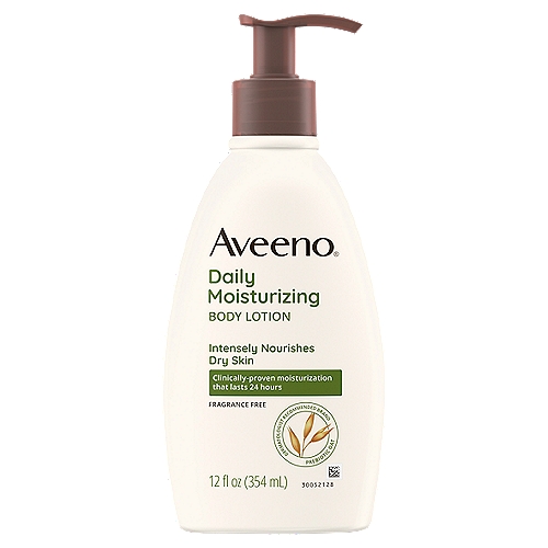 Aveeno Active Naturals Daily Moisturizing Lotion, 12 fl oz
This naturally nourishing, non-greasy lotion absorbs quickly and contains no added fragrance. The unique oatmeal formula locks in moisture to help prevent and protect dry skin, leaving your skin soft, smooth and naturally healthy-looking.

Discover Aveeno® Active Naturals®. Simply put, Active Naturals® are ingredients derived from nature and uniquely formulated to reveal skin's natural health and beauty.
Essential Active Naturals®: Skin-soothing natural colloidal oatmeal

Uses
• Helps prevent and temporarily protects chafed, chapped or cracked skin
• Helps prevent and protect from the drying effects of wind and cold weather

Drug Facts
Active Ingredient - Purpose
Dimethicone 1.2% - Skin protectant