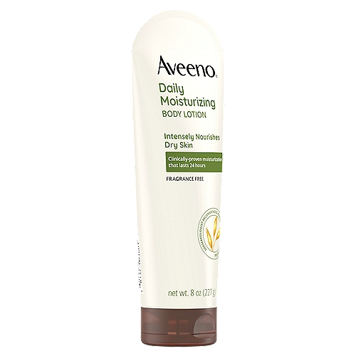Aveeno Daily Moisturizing Lotion, 8 oz
Aveeno® Daily Moisturizing lotion fragrance-free is a clinically proven, award-winning lotion that locks-in moisture to help prevent, protect and nourish dry skin. This unique oatmeal formula absorbs quickly, leaving your skin soft, beautiful and healthy-looking.

Aveeno® uses the goodness of nature and the power of science to keep your skin looking healthy and feeling balanced.
Start with Daily Moisturizing Body Wash for soft, healthier-looking skin.

Uses
• Helps prevent and temporarily protects chafed, chapped or cracked skin
• Helps prevent and protect from the drying effects of wind and cold weather

Drug Facts
Active Ingredient - Purpose
Dimethicone (1.2%) - Skin protectant