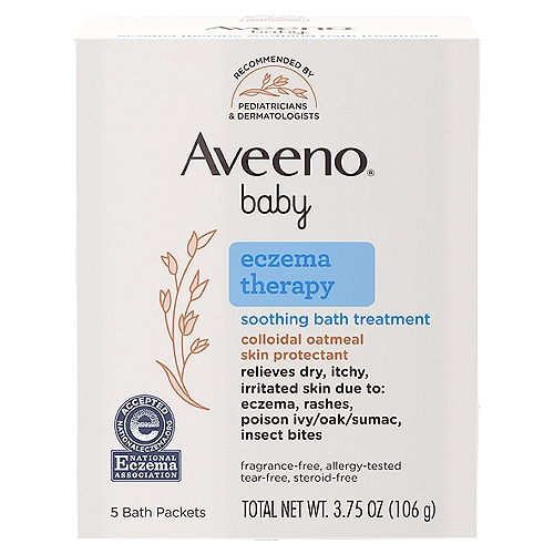 Aveeno Baby Eczema Therapy Soothing Bath Treatment, 5 count, 3.75 oz
Colloidal Oatmeal Skin Protectant

Aveeno® Baby Eczema Therapy Soothing Bath Treatment is made with natural colloidal oatmeal—a long recognized ingredient that relieves dry, itchy and irritated skin. In this unique Aveeno® formula, colloidal oatmeal is combined with a special moisturizer and milled into an ultra-fine powder. When dispersed in water, this powder forms a soothing milky bath. After bathing, your baby's skin becomes softer and smoother, and dry, irritated, sensitive skin is relieved.
Aveeno® Baby Eczema Therapy Soothing Bath Treatment works as a natural cleanser and cleans the skin without soap. Surface soils adhere to the ultra-fine colloidal oatmeal particles and gently rinse away. The special emollient leaves skin moisturized. And it's allergy-tested so it's even gentle enough for sensitive skin.

Uses
Temporarily protects and helps relieve minor skin irritation and itching due to:
■ Rashes
■ Eczema
■ Poison ivy, oak or sumac
■ Insect bites

Drug Facts
Active ingredient - Purpose
Colloidal oatmeal 43% - Skin protectant