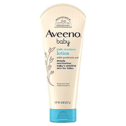 Aveeno Baby Daily Moisture Lotion, 8 oz
Dimethicone Skin Protectant with Natural Colloidal Oatmeal

Aveeno® Baby Daily Moisture Lotion contains natural colloidal oatmeal blended with rich emollients to soothe your baby's delicate, dry skin. The naturally nourishing, non-greasy formula absorbs quickly, moisturizes for a full 24 hours, and it contains no drying alcohols and won't clog pores. It is hypoallergenic and fragrance free, so it won't irritate baby's sensitive skin. It's designed to be gentle enough for newborns.

Aveeno® Baby Daily Moisture Lotion can be used every day to help keep your baby's skin soft, smooth and healthy.

Uses
◼ Helps prevent and temporarily protects chafed, chapped or cracked skin

Drug Facts
Active ingredient - Purpose
Dimethicone 1.2% - Skin protectant