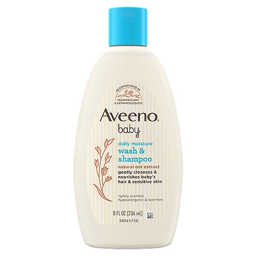 Aveeno Baby Natural Oat Extract Lightly Scented Wash & Shampoo, 8 fl oz
Wash & Shampoo contains natural oat extract blended into a rich lathering cleanser that cleans without drying because it is soap-free and allergy tested. This tear-free formula can be used on skin and hair for gentle cleansing that rinses clean with a soft, fresh fragrance. Aveeno® Baby Wash & Shampoo is formulated to be gentle enough for babies sensitive skin. Tear-free, soap-free, paraben-free, phthalate-free, hypoallergenic.
Aveeno® Baby Wash & Shampoo can be used every day to help keep your baby's skin and hair soft, smooth and feeling healthier.