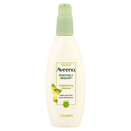 Aveeno Positively Radiant Brightening Cleanser, 6.7 fl oz
Aveeno® Positively Radiant® Brightening Cleanser,
• lifts away dirt, oil and makeup
• helps improve skin tone, texture, and clarity
• reveals brighter, more radiant skin

The Aveeno® Positively Radiant® collection is designed to enhance your natural radiance and give you a lit-from-within glow. Each soy enriched product targets even tone and texture.

Beauty in the regimen™
One of the secrets to radiant, healthy-looking skin is consistency and routine.
Cleanse, moisturize, treat