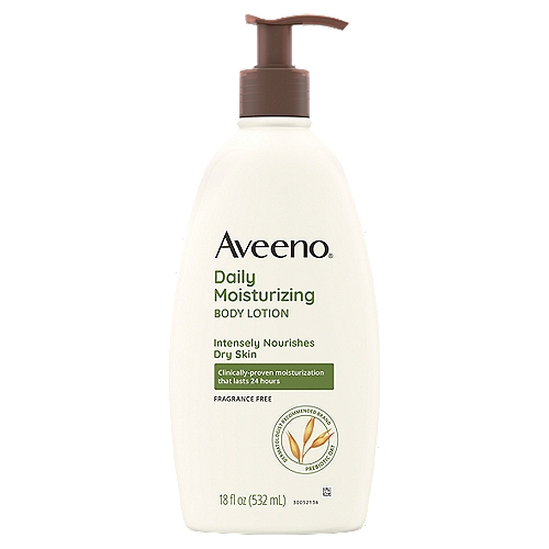 Aveeno Daily Moisturizing Fragrance Free Lotion, 18 fl oz
Aveeno Daily Moisturizing Body Lotion with Soothing Oat and Rich Emollients to Nourish Dry Skin, Gentle & Fragrance-Free Lotion is Non-Greasy & Non-Comedogenic, 18 fl. oz

Aveeno Daily Moisturizing Body Lotion helps improve the health of your dry skin in one day. Formulated with soothing oatmeal and rich emollients, the fragrance-free lotion is clinically shown to help moisturize and relieve dryness. This daily body lotion replenishes moisture for softer and smoother skin. The unique oatmeal formula absorbs quickly, leaving your skin soft, beautiful and healthy-looking. From the dermatologist-recommended brand, this nourishing lotion for dry skin is fragrance-free, non-greasy, non-comedogenic, and gentle enough for daily use as part of a regular skincare and beauty routine.

• Pump bottle of Aveeno Daily Moisturizing Body Lotion for dry skin
• Nourishing daily lotion moisturizes skin for a full 24 hours
• Award winning fragrance-free lotion to help lock-in skin's moisture
• Unique formula contains soothing oatmeal and rich emollients to help nourish dry skin
• Moisturizing lotion is clinically proven to improve skin's healthy look in 1 day
• Absorbs quickly, leaving your skin soft, beautiful, and healthy looking
• Daily body lotion is fragrance-free, gentle, non-greasy, and non-comedogenic
• From Aveeno, a dermatologist recommended brand for over 65 years

Aveeno® Daily Moisturizing lotion fragrance-free is a clinically proven, award-winning lotion that locks-in moisture to help prevent, protect and nourish dry skin. This unique oatmeal formula absorbs quickly, leaving your skin soft, beautiful and healthy-looking.

Start with Daily Moisturizing Body Wash for soft, healthier-looking skin.

Drug Facts
Active ingredient - Purpose
Dimethicone (1.2%) - Skin protectant

Uses
• Helps prevent and temporarily protects chafed, chapped or cracked skin
• Helps prevent and protect from the drying effects of wind and cold weather