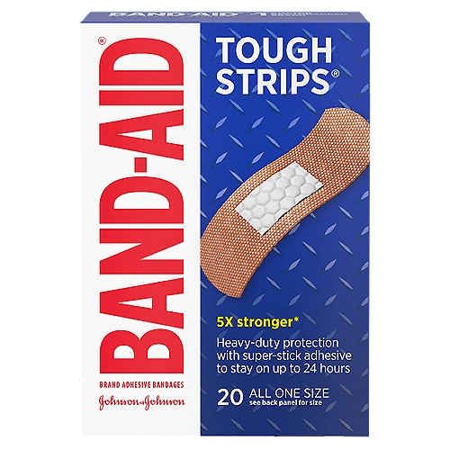 Band-Aid Tough Strips Adhesive Bandages, 20 count
Dura-Weave® Fabric
For heavy duty protection

Super-Stick Adhesive
To stay on up to 24 hours

4-Sided Seal
Protects against dirt and germs that may cause infection and delay healing