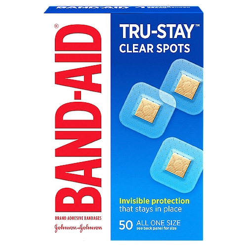 Band-Aid Tru-Stay Clear Spots Adhesive Bandages, 50 count
Tri-Ply Backing
With unique adhesive for real staying power

Quilt-Aid™ Comfort Pad
Designed to cushion painful wounds while you heal

4-Sided Seal
Protects against dirt and germs that may cause infection and delay healing