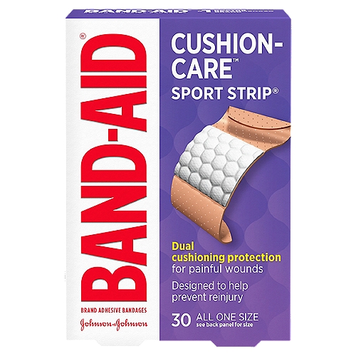 Band-Aid Cushion-Care Sport Strip Adhesive Bandages, 30 countnFlexible Cushion Care Sport Strip Bandages are made with cushioned foam for active protection. These sterile bandages feature water-resistant adhesive that keeps bandage in place even when wet.