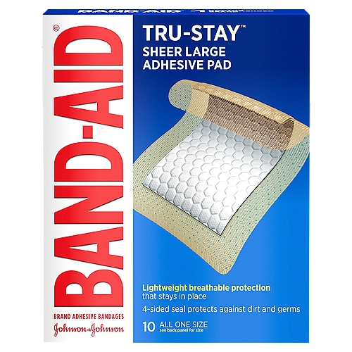 Band-Aid Tru-Stay Sheer Large Adhesive Pad Bandages, 10 countnDesigned to fit most minor wounds, Tru-Stay adhesive sterile bandage pads provide dependable protection that stays in place. Large pads feature a 4-sided seal to protect wounds from dirt & germs.