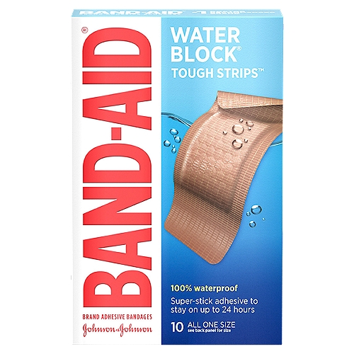Band-Aid Water Block Tough Strips Adhesive Bandages, 10 countnProtect minor cuts & scrapes with these heavy-duty adhesive bandages. The extra-large waterproof bandages are durable enough to stay on up to 24 hours with a pad designed to cushion painful wounds.