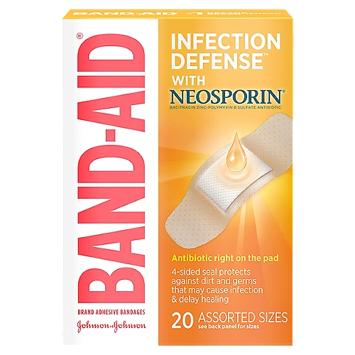 Band-Aid Infection Defense with Neosporin Adhesive Bandages, 20 countnGet mess-free infection protection with Band-Aid Brand Bandages Infection Defense with Neosporin. With antibiotic ointment right on the pad, these sterile bandages provide a 4-sided seal that protects against dirt & germs that may cause infection & delay healing.