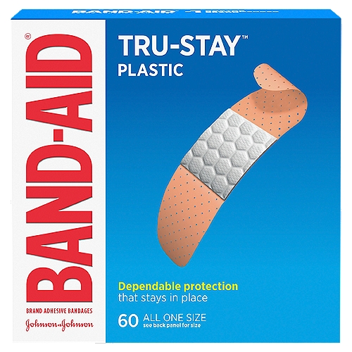 Band-Aid Tru-Stay Plastic Adhesive Bandages, 60 countnBand-Aid Brand Tru-Stay Plastic Strips Adhesive Bandages for first aid help protect minor cuts & scrapes. The sterile wound care comfort bandages provide dependable protection that stays in place.
