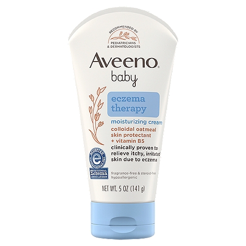 Aveeno Baby Eczema Therapy Moisturizing Cream, 5 oz
Aveeno Baby Eczema Therapy Moisturizing Cream helps relieve dry, itchy, irritated skin due to eczema. Developed with leading dermatologists, this hypoallergenic baby eczema cream uses the soothing power of natural colloidal oatmeal to help strengthen the skin's moisture barrier for prevention and protection against dryness. Formulated specially for babies, this non-greasy baby cream is clinically proven to relieve itchy, irritate skin due to eczema and intensely moisturizes skin to prevent the recurrence of extra dry skin from eczema. The unique formula, made with Natural Colloidal Oatmeal skin protectant and vitamin B5, is pH-balanced and free from steroids, fragrances, parabens, phthalates and phenoxyethanol. Aveeno is recommended by pediatricians and dermatologists and this cream is accepted by the National Eczema Association

Care for your baby's eczema-prone skin with the soothing power of natural colloidal oatmeal. This breakthrough cream intensely moisturizes and helps prevent the recurrence of extra dry skin from eczema.

Drug Facts
Active ingredient - Purpose
Colloidal oatmeal 1% - Skin protectant

Uses
Temporarily protects and helps relieve minor skin irritation and itching due to:
• Eczema
• Rashes