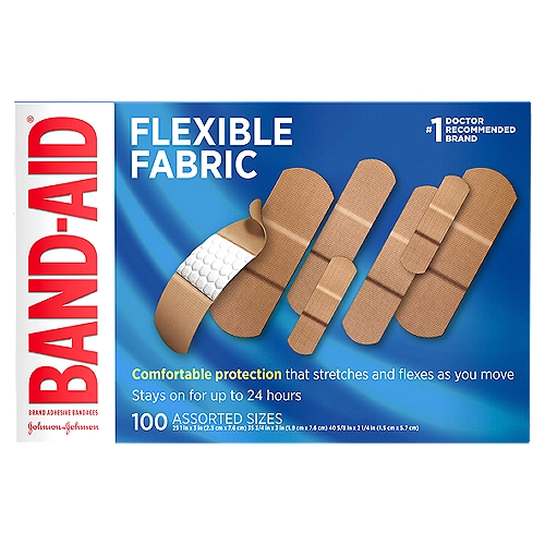 Band-Aid Assorted Sizes Flexible Fabric Adhesive Bandages, 100 count
Band-Aid Brand Flexible Fabric Adhesive Bandages, Comfortable Flexible Protection & Wound Care of Minor Cuts, Quilt-Aid Technology to Cushion Painful Wounds, Assorted Sizes, 100 ct

Try Band-Aid Brand Flexible Fabric Adhesive Bandages, which cover and protect minor wounds, cuts, and scrapes. Made with Memory Weave fabric for comfort and flexibility, these assorted wound care bandages stretch, bend, and flex as you move. Each first aid bandage features a Quilt-Aid Comfort Pad designed to cushion painful wounds which may help prevent reinjury. Made with a Hurt-Free Pad, these comfortable first-aid bandages won't stick to the wound as they wick away blood and fluids, allowing for gentle removal. From the #1 doctor recommended bandage brand, Band-Aid Brand Adhesive Bandages help protect against dirt and germs that may cause infection. Plus wounds covered with a bandage heal faster than uncovered wounds. For proper wound care, treat wound with an antiseptic ointment such as Neosporin prior to application.

• Band-Aid Brand Flexible Fabric Adhesive Bandages in assorted sizes to cover & protect minor cuts
• These flexible bandages are made with Memory Weave fabric, which stretches and flexes as you move
• Bandages feature Quilt-Aid Comfort Pads designed to cushion painful wounds to help prevent reinjury
• Bandages stay on for up to 24 hours & help protect against dirt & germs, which may cause infection
• The Hurt-Free Pad on these first-aid bandages won't stick to wounds allowing for gentle removal
• Package contains 100 assorted wound care bandages from the #1 doctor recommended bandage brand
• Apply fabric bandage to clean, dry skin for minor wound care and change daily, when wet or as needed
• For proper wound care, treat with wound an antiseptic ointment such as Neosporin prior to application

Heals the Hurt Faster®