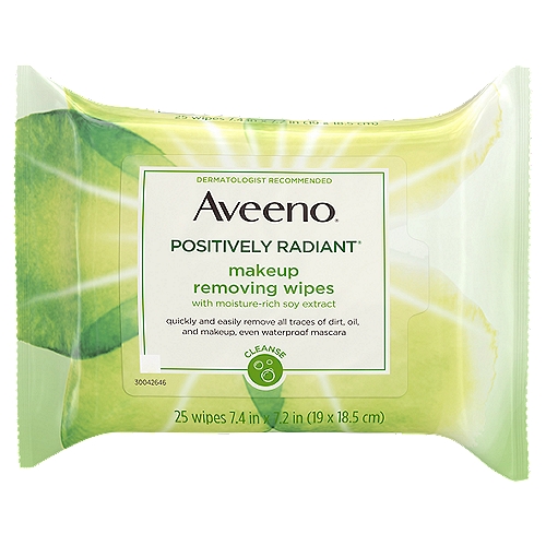Aveeno Positively Radiant Makeup Removing Wipes, 25 count
These oil-free makeup remover face wipes gently but effectively remove all traces of dirt, oil, bacteria & makeup - even waterproof mascara - to reveal softer, smoother-looking & more radiant skin.