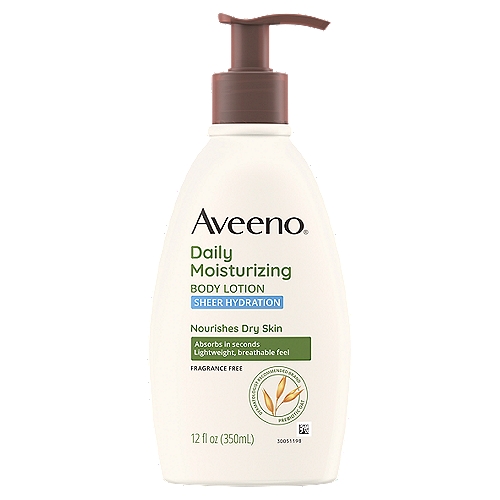 Aveeno Active Naturals Sheer Hydration Daily Moisturizing Lotion, 12 fl oznThis naturally hydrating, ultra sheer lotion absorbs in seconds, for a fresh, powdery-light feel you'll want to use year-round. The unique formula with Active Naturals® oat goes on feather-light to replenish and hydrate your skin. Aveeno® Daily Moisturizing Lotion Sheer Hydration moisturizes for a full 24 hours, for velvety soft, beautiful, healthy-looking skin.nnDiscover Aveeno® Active Naturals®. Simply put, Active Naturals® ingredients are derived from nature and uniquely formulated to reveal skin's natural health and beauty.nEssential Active Naturals® ingredients: Soothing Oatmeal