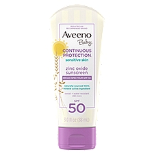 Aveeno Baby Continuous Protection Sensitive Skin Lotion Zinc Oxide Sunscreen SPF 50, 3.0 fl oz