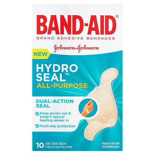 Band-Aid Hydro Seal All-Purpose Hydrocolloid Gel Bandage, 10 count
Hydro Seal™ Gel Bandages instantly provide the optimal healing environment*
*Compared to ordinary bandages

These are our most advanced bandages. They work differently than traditional bandages.

Shows It's Working
Product will swell and a white bubble will form to show the healing process has begun

Cushioning
Provides protection and relief from painful wounds

Long Lasting
Stays on for multiple days, even through hand washing and showers