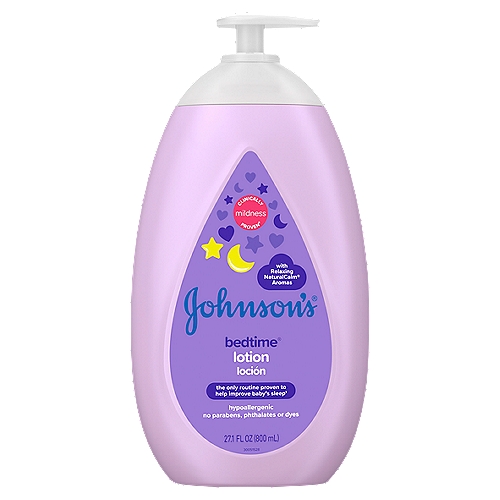 Johnson's Bedtime Baby Lotion, 27.1 fl oz
Clinically Proven® mildness

Relaxing NaturalCalm® aromas; helps nourish baby's skin

Routine developed & tested with baby sleep experts

The only routine proven to help improve baby's sleep†
†Our 3-step routine is clinically proven to help baby fall asleep faster & stay asleep longer
Warm bath + gentle massage + quiet time