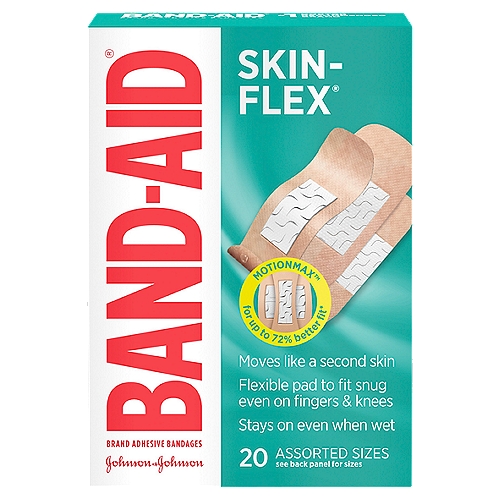 Band-Aid Skin-Flex Adhesive Bandages, 20 count
Dries Almost Instantly
Stays intact even through handwashing

24 Hour Hold
Long-lasting durability with exceptional comfort

4-Sided Seal on Larger Sizes
Protects against dirt and germs that may cause infection and delay healing

Heals the Hurt Faster®

Moves with you, for life's twists and turns
