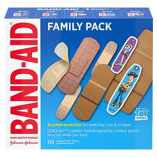 Band-Aid Brand Adhesive Bandages Family Variety Pack provides first aid protection for everyday minor cuts, scrapes, and wounds. This variety pack contains -adhesive bandages from the #1 doctor-recommended brand. Water Block Flex bandages, feature an ultra-flexible, 100% waterproof design made of fabric-like material that stays in place even when wet. 40 Flexible Fabric adhesive bandages in four different sizes provide comfortable protection that stretches and flexes as you move. Tough Strips Heavy-Duty Bandages made of durable Dura-Weave fabric with a strong adhesive stay in place for up to 24 hours. Skin-Flex Bandages with MotionMax Technology expand and contract for the ultimate skin-like fit, even during activity, and provide a durable hold that lasts through handwashing. Finally, Pixar Bandages featuring iconic Toy Story characters are perfect for kids and toddlers. For best results, apply these sterile adhesive bandages to clean, dry skin and replace as needed.