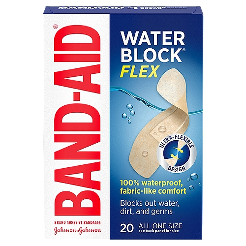 Band-Aid Water Block Flex Adhesive Bandages, 20 count
Cover minor cuts, scrapes, and wounds and block out water, dirt, and germs that may cause infection with Band-Aid Brand Water Block Flex Adhesive Bandages. These 100% waterproof, sterile bandages feature an ultra-flexible design and fabric-like material for comfortable, dependable protection, even when wet. Durable and easy to apply, the bandages have a nonstick Quilt-Aid Comfort Pad to cushion painful wounds as well as a four-sided adhesive that keeps the pad dry under wet conditions. From the #1 doctor-recommended brand, the waterproof bandages stick to the skin, not the wound, for gentle and easy removal. Plus, they make a great addition to at-home first aid kits for minor wound care. For best results, apply these sterile adhesive bandages to clean, dry skin and replace as needed. For infection protection, apply Neosporin First Aid Antibiotic to wound before covering with Band-Aid Brand Adhesive Bandage.

Stays on Even when Wet
Dependable protection with exceptional comfort

Easy Application
Fabric-like material allows simple application

Quilt-Aid® Comfort Pad
Designed to cushion painful wounds while you heal

Heals the Hurt Faster®