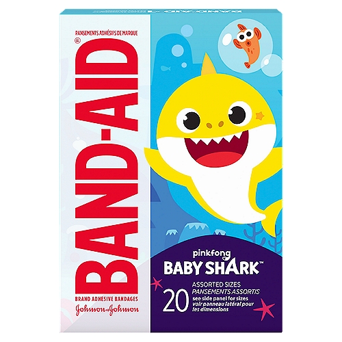 Band-Aid Pinkfong Baby Shark Adhesive Bandages, 20 countnCover minor cuts, wounds and scrapes while putting a smile on your child's face. These kids' bandages in various sizes offer daily wound care protection and feature fun Pinkfong Baby Shark graphics.