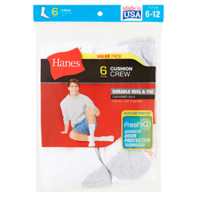 Hanes Cushion Crew Socks Value Pack, 612, 6 pair