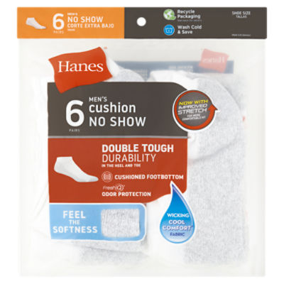 Hanes Men's Cushion No Show Socks, Size 6-12, 6 pairs, 6 Each