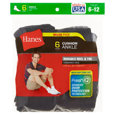 Hanes Cushion Ankle Socks Value Pack, 6-12, 6 pair