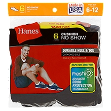 Hanes Cushion No Show Socks Value Pack, 6-12, 6 pairs