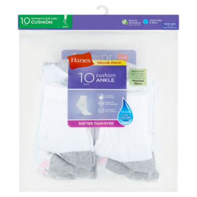 Hanes Women's Full Sole Cushion Ankle Socks Value Pack, Shoe Size 5-9, 10 pair