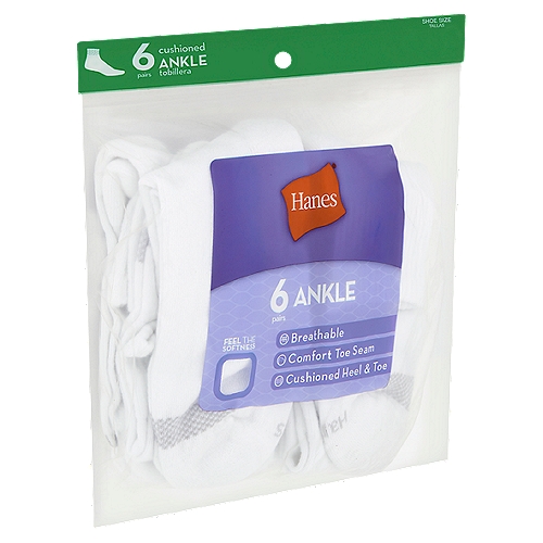 Hanes Cushioned Ankle Socks, Shoe Size 5-9, 6 pairs