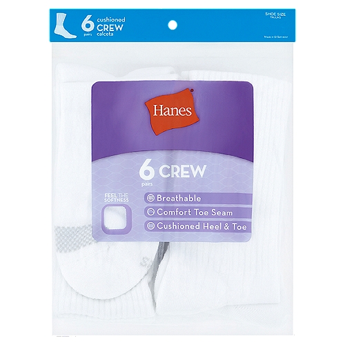 Hanes Women's White Cushioned Crew Socks, Shoe Size 5-9, 6 pair