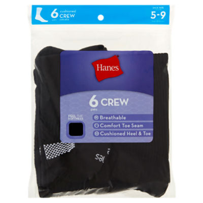 Hanes Cushioned Crew Socks, 5-9, 6 pair, 6 Each