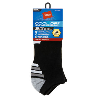 Hanes Cool Dri Men's No Show Sport Styling Socks, Shoe Size 6-12, 3 pair