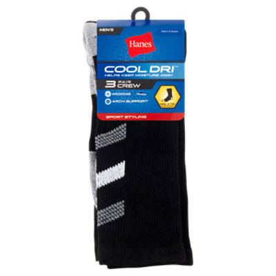 Hanes Cool Dri Men's Crew Sport Styling Socks, Shoe Size 6-12, 3 pair