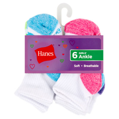 Hanes Girls' Ankle Socks, Small, Shoe Size 6-10, 6 pair