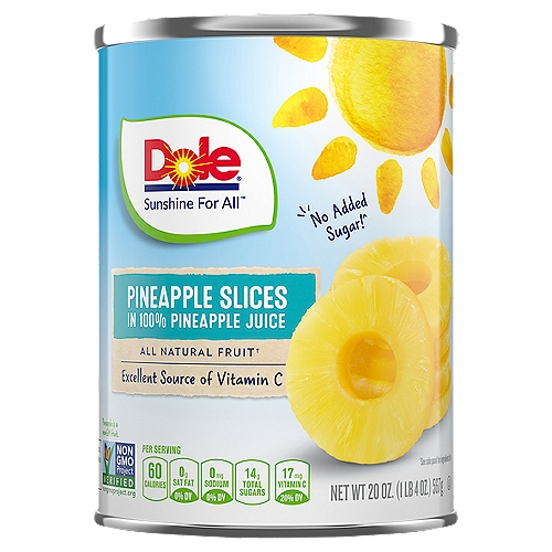 Dole Pineapple Slices, 20 oz
Live Well
• all natural fruit
• rich in vitamin C
• naturally gluten free
• BPA-free packaging