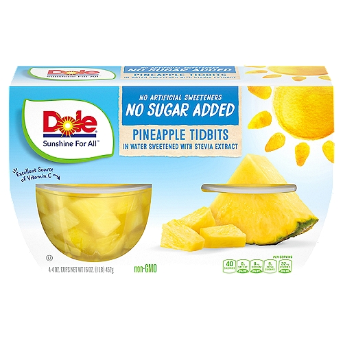 Dole Pineapple Tidbits in Water Sweetened with Stevia Extract, 4 oz, 4 count