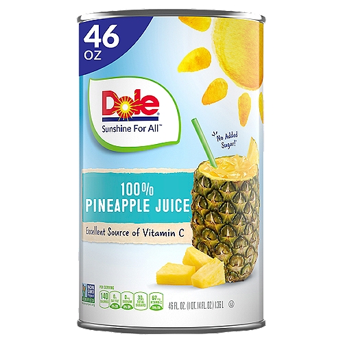 Dole 100% Pineapple Juice, 46 fl oz
Sunshine for all®

No added sugar!^
^Not a Low or Reduced Calorie Food. See Nutrition Facts for Further Information on Sugar and Calorie Content.

We believe in Sunshine for All®. It's our promise to provide everyone, everywhere with good nutrition!

Full of Sunshine
☑ We've squeezed the fruit. Now all you need to do is open the lid for delicious nutrition with no added sugar.
☑ Vitamin C is an antioxidant that helps support a healthy immune system. Who knew vitamins were so delicious?

Perfect for your favorite recipes or for drinking on its own. 100% Pineapple Juice can really do it all!