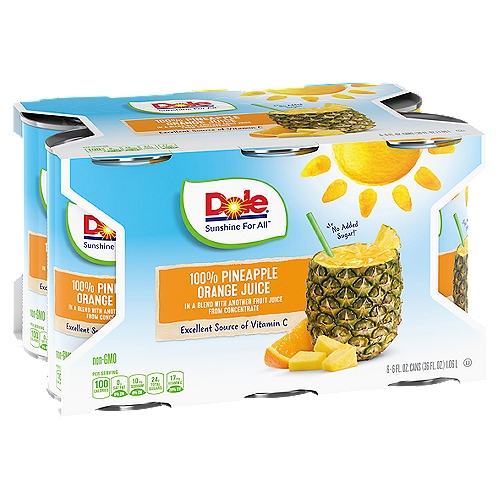 Dole 100% Pineapple Orange Juice, 6 oz, 6 count
Live Well
• excellent source of vitamin C
• No added sugar^
• BPA-free packaging
• gluten free
^Not a low or reduced calorie food.