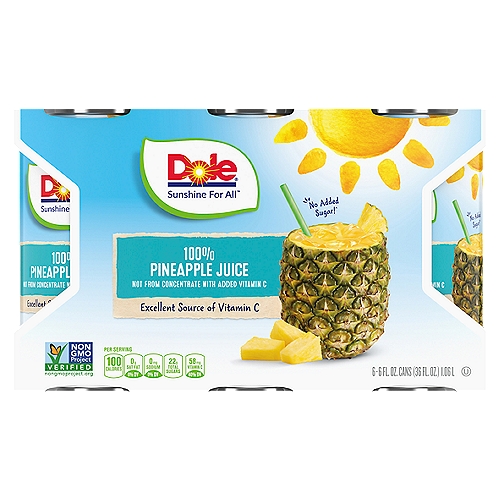 Dole 100% Pineapple Juice, 6 oz, 6 count
100% Pineapple Juice from Concentrate

Live Well
• excellent source of vitamin C
• good source of vitamins A & E
• no added sugar^
✓ naturally gluten free
✓ BPA free packaging
^Not a low calorie food. See nutrition facts for sugar and calorie content.