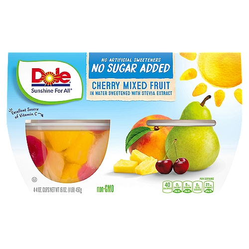 Dole No Sugar Added Cherry Mixed Fruit, 4 oz, 4 count
Non-GMO**
**no genetically modified (or engineered) ingredients