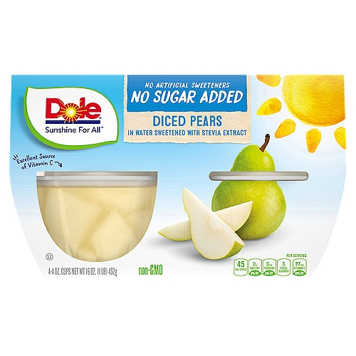 Dole No Sugar Added Diced Pears, 4 oz, 4 count
Diced Pears in Water Sweetened with Stevia & Monk Fruit Extracts

Non GMO**
**no genetically modified (or engineered) ingredients