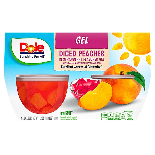 Non GMO**
**No genetically modified (or engineered) ingredients. Peaches are a non-GM fruits.

Full of Sunshine
☑ Bring sunshine with you wherever you go — Dole Fruit Bowls® seal in goodness and nutrition.
☑ Vitamin C is an antioxidant that helps support a healthy immune system. Who knew vitamins were so delicious?
