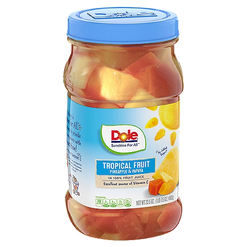 Dole Tropical Fruit in 100% Fruit Juice, 23.5 oz
Live Well
• rich in vitamin C
• 70 calories/serving
• gluten free
• BPA-free packaging

Non GMO**
**no genetically modified (or engineered) ingredients