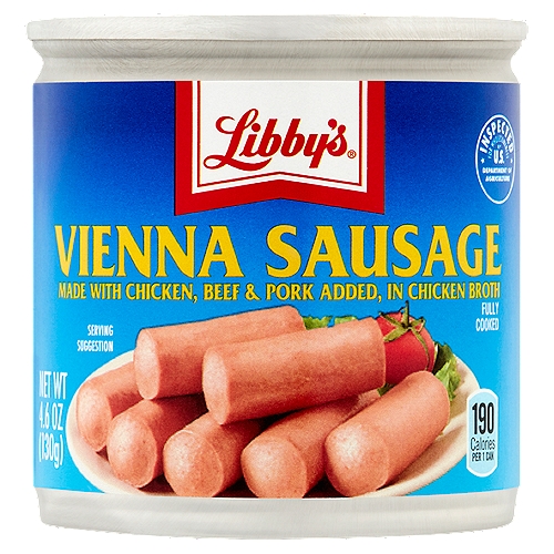 Libby's Vienna Sausage, 4.6 oz
Libby's Vienna Sausages in Chicken Broth are ready-to-eat plump, delicately seasoned sausages. Enjoy them heated, chilled or right out of the container as a snack, main dish or sliced and added to casseroles and soups.