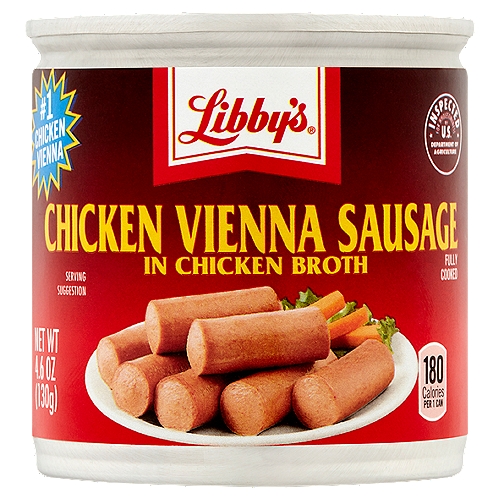 Libby's Chicken Vienna Sausages in Chicken Broth are ready-to-eat plump, delicately seasoned sausages. Enjoy them heated, chilled or right out of the container as a snack, main dish or sliced and added to casseroles and soups.
